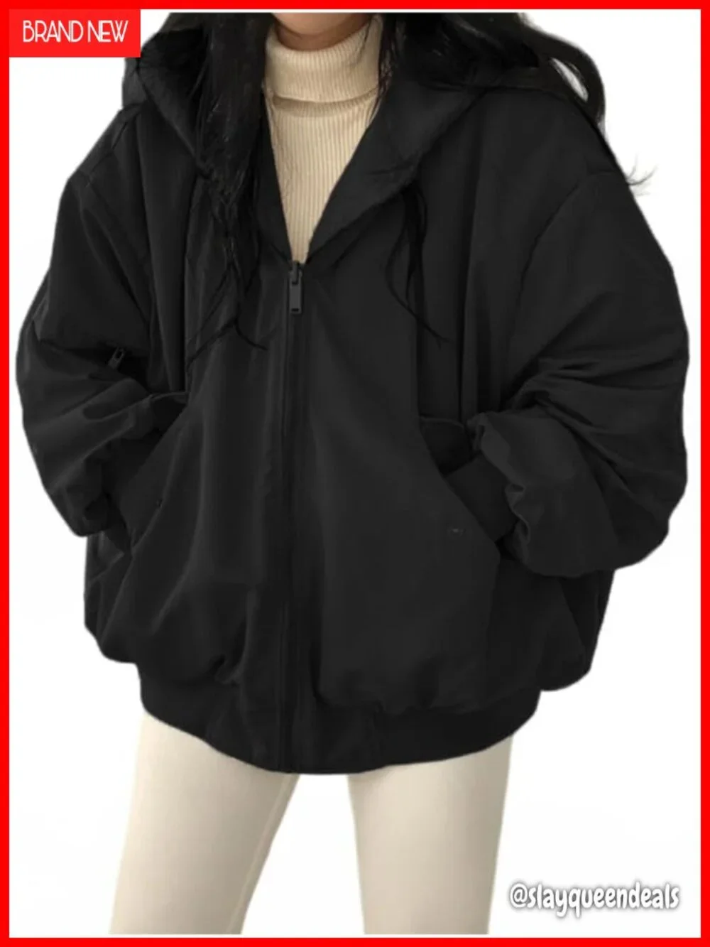 Oversized Hooded Fleece Puffer Jacket Reversible Long Sleeve Full Zipper Winter
